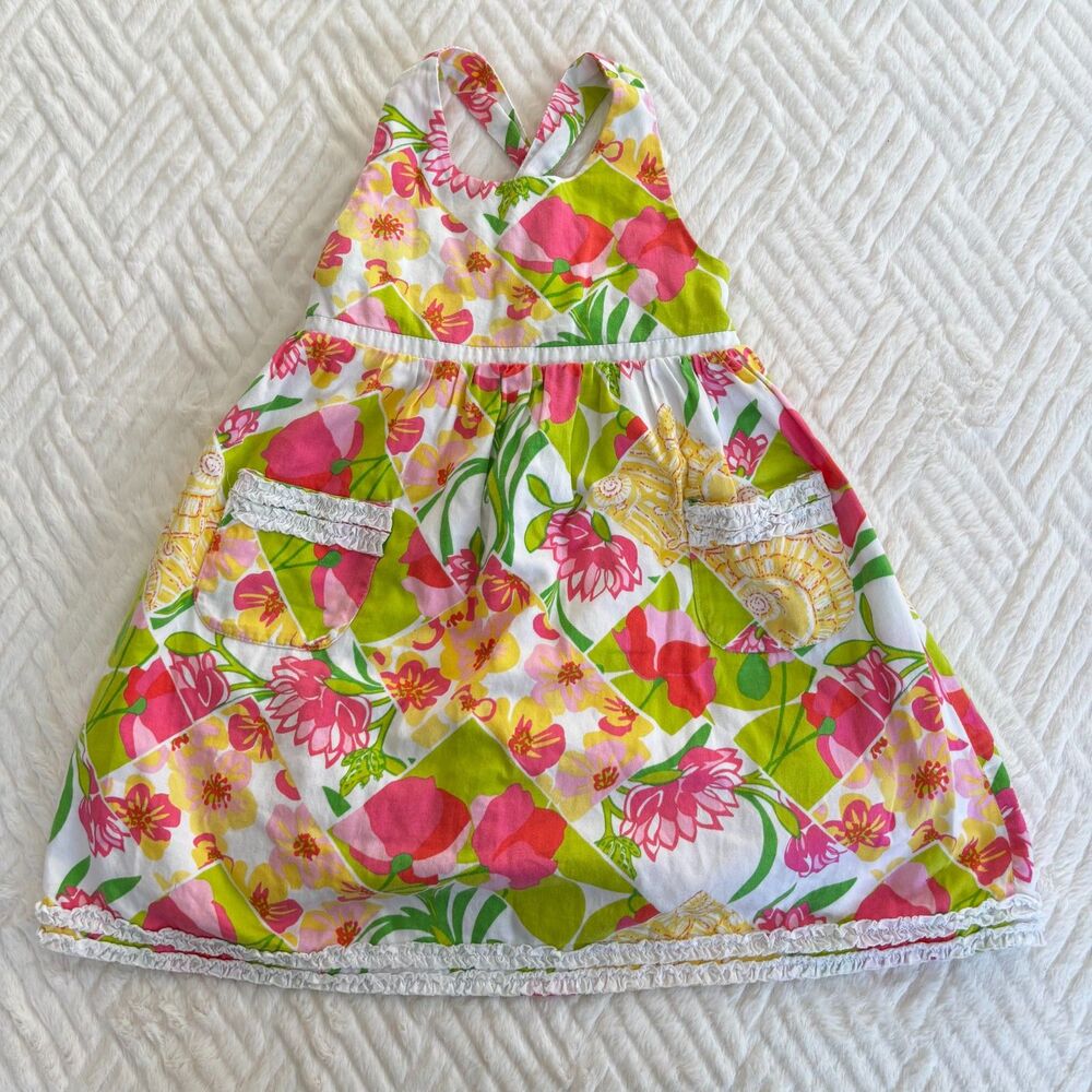 Lilly Pulitzer Girls Size 4 Shell Patch Floral Pinafore Dress Pink Green